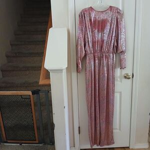 Rare Vintage 70s David Brown Pink Paisley Peacock Metallic Jumpsuit L Disco